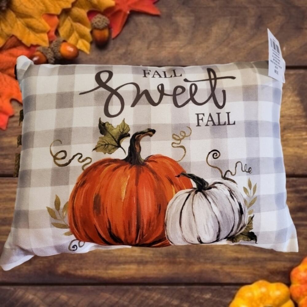 Farmhouse Pumpkins "Fall Sweet Fall" Throw Pillow with Burlap Trim (14"x10")